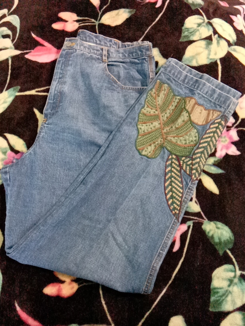 Chico's Light Blue Straight Leg Jeans with Green Leaf Embroidery